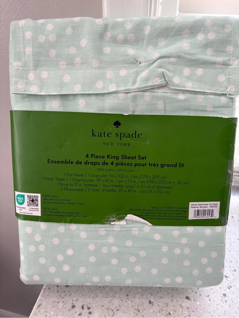 NEW kate spade Light Blue and White Polka Dot King Sheet Set